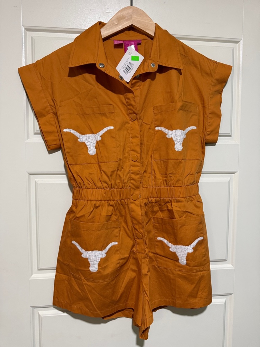 QUEEN OF SPARKLES Orange Short-Sleeve Utility Romper with White Embroidery - Picture 2 of 9